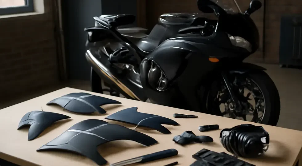 An organized workshop scene illustrating the precise and safe preparation for cutting motorcycle fairings.