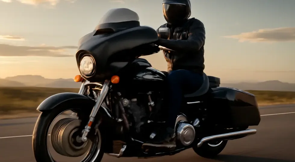 Harley-Davidson motorcycle with a detachable batwing fairing cruising on an open road, symbolizing performance and style.