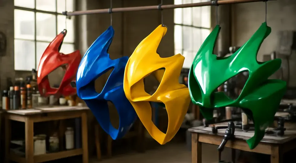 A workshop showcasing freshly painted motorcycle fairings drying, symbolizing the hands-on customization process businesses can offer.