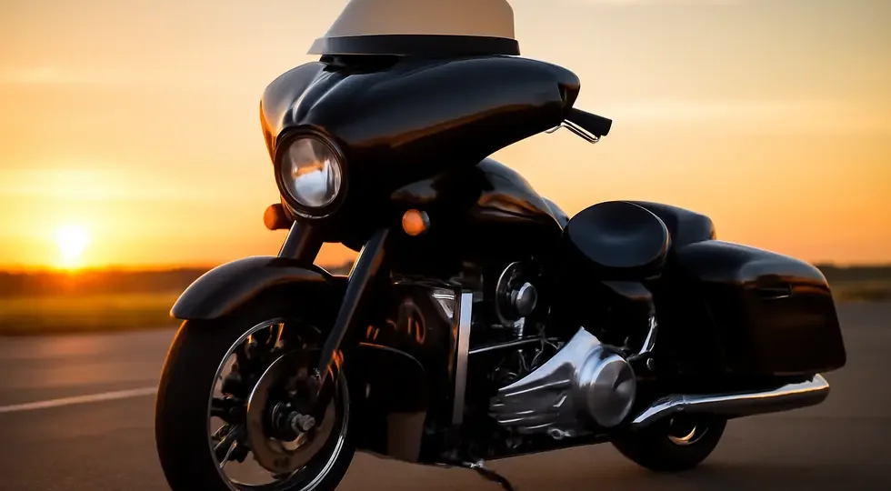 Harley Davidson touring motorcycle enhanced with Dragonfly fairings and tinted windshield at sunset showcasing customization excellence.