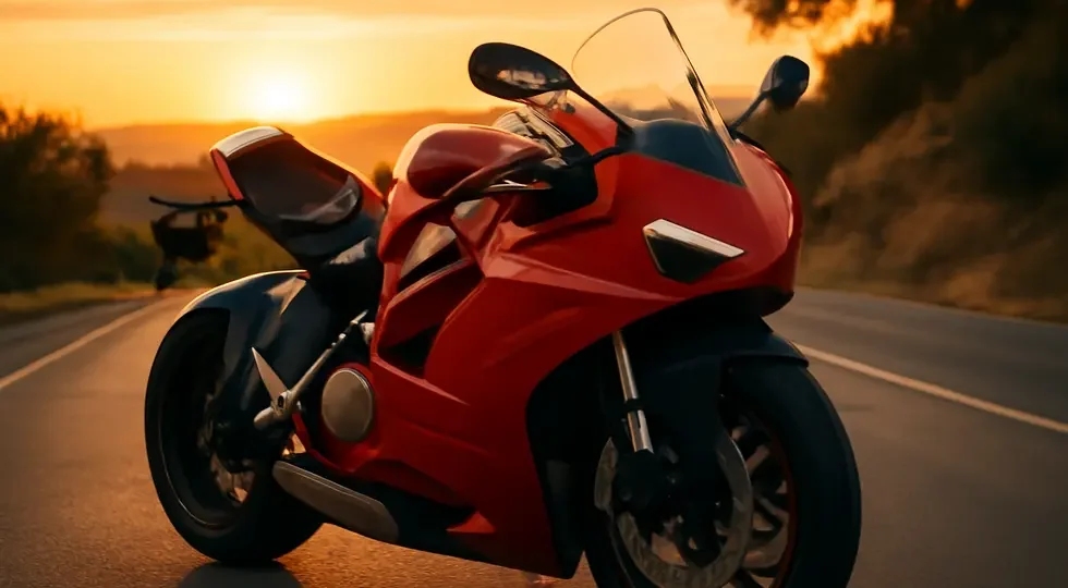 Ducati Panigale V4 highlighting high-quality fairing design in a dynamic sunset scene.
