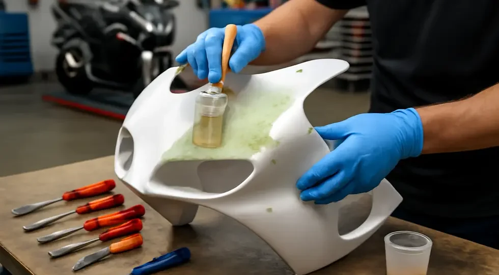 Professional repair workshop showcasing the detailed process of fiberglass motorcycle fairing restoration.