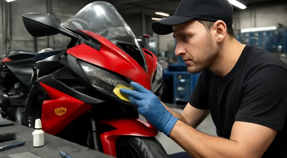 Professional motorcycle technician repairing scratches on a fairing in a well-equipped workshop environment.