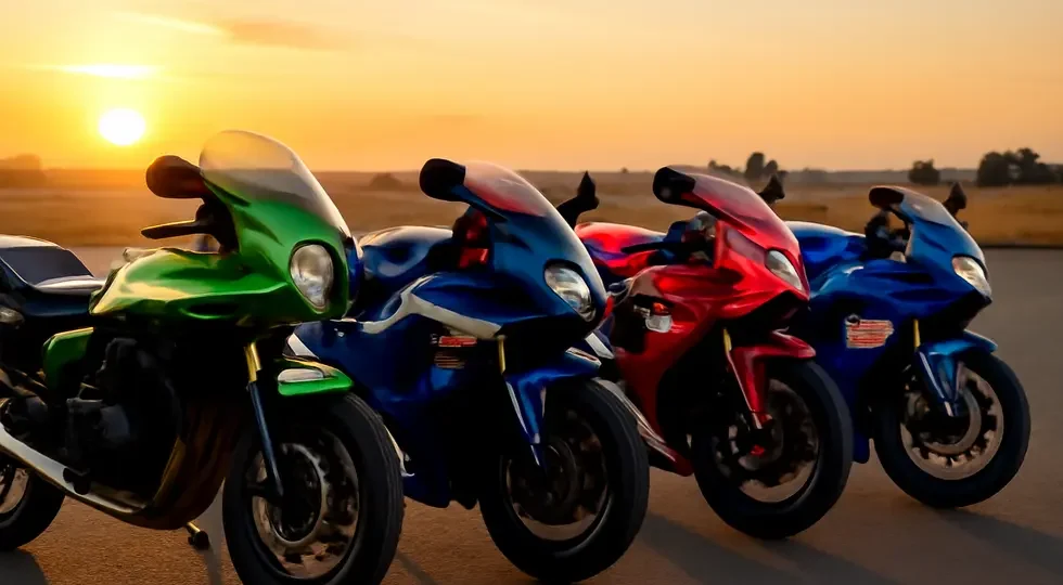 Lineup of varied Japanese motorcycles showcasing a range of fairings from retro and sportbike styles under warm sunset lighting.