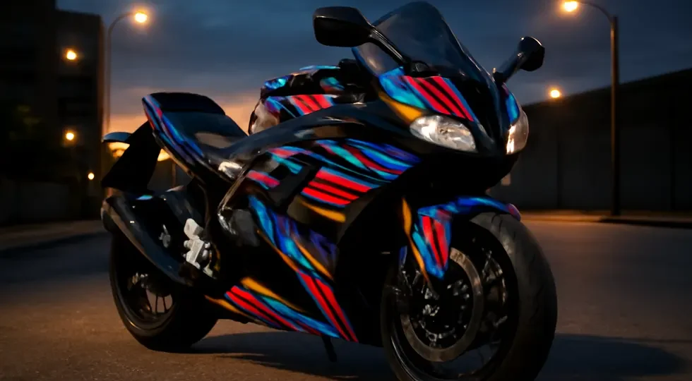 A stylish motorcycle featuring vibrant, high-quality fairing stickers that combine protection and aesthetics.