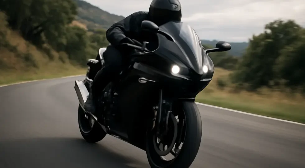 Motorcycle showcasing a sleek front fairing speeding along a winding road, symbolizing performance and style.