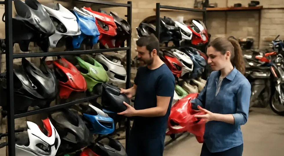 Workshop featuring diverse second hand motorcycle fairings, illustrating the market’s depth and business opportunities.