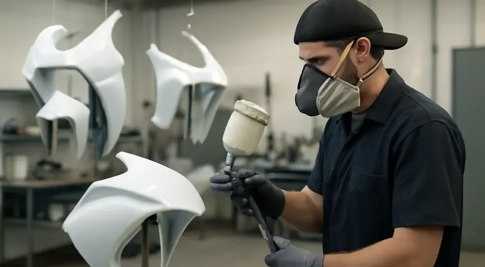 Careful spray painting and finishing techniques result in durable, striking motorcycle fairings.