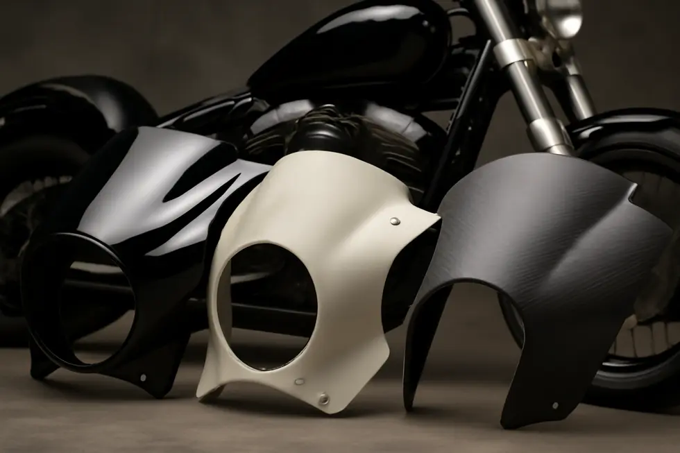 Close-up display of ABS plastic, fiberglass, and carbon fiber materials used in cruiser motorcycle fairings.