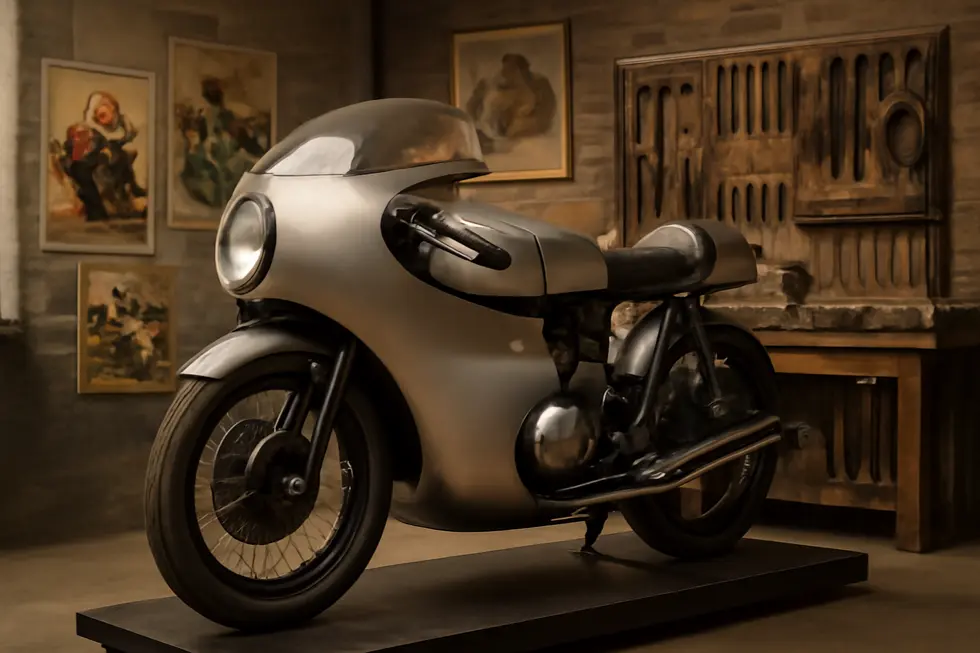 Vintage dustbin fairing highlighting its large, rounded aerodynamic shape designed to reduce air resistance.