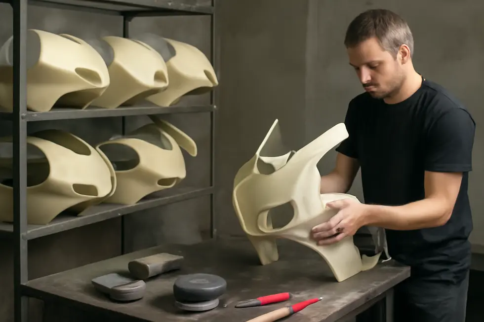 Crafting a precise foam mold for motorcycle fairings using sculpting tools and prepping with release agents.