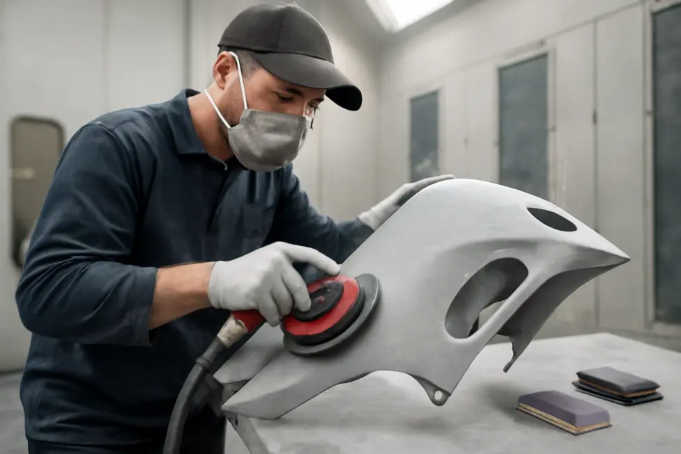 Precise cleaning and sanding of a motorcycle fairing ready the surface for effective fiberglass repair.
