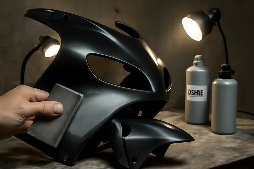 Technician preparing a damaged motorcycle fairing by cleaning and sanding to ensure optimal fiberglass resin adhesion.
