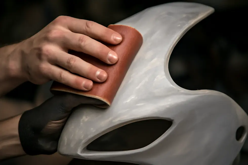 Thorough cleaning of motorcycle fairings prior to sanding removes contaminants for better adhesion.