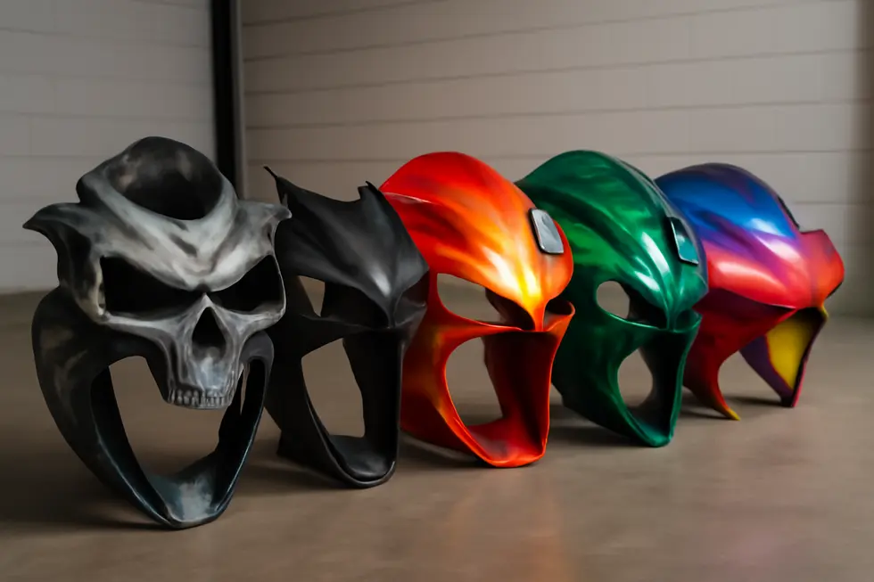 Artisans crafting custom fiberglass motorcycle fairings, demonstrating the hands-on molding and curing stages.