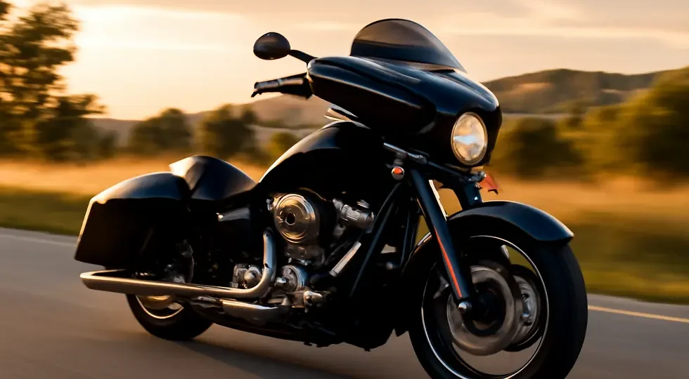A cruiser motorcycle equipped with a high-gloss custom fairing rides along an open scenic road at sunset, embodying style and function.