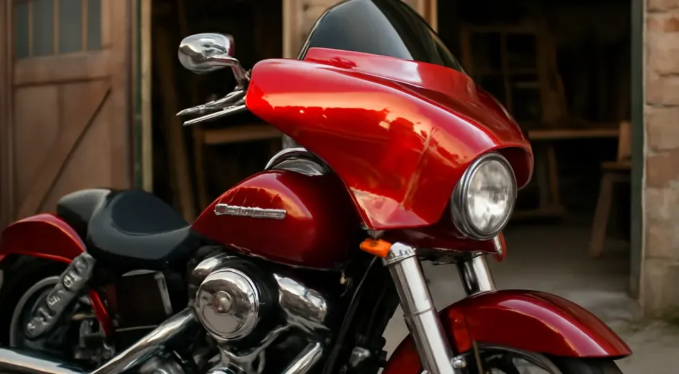 Custom fiberglass motorcycle fairing exemplifying artisanal craftsmanship and stylish design on a Harley-Davidson cruiser.