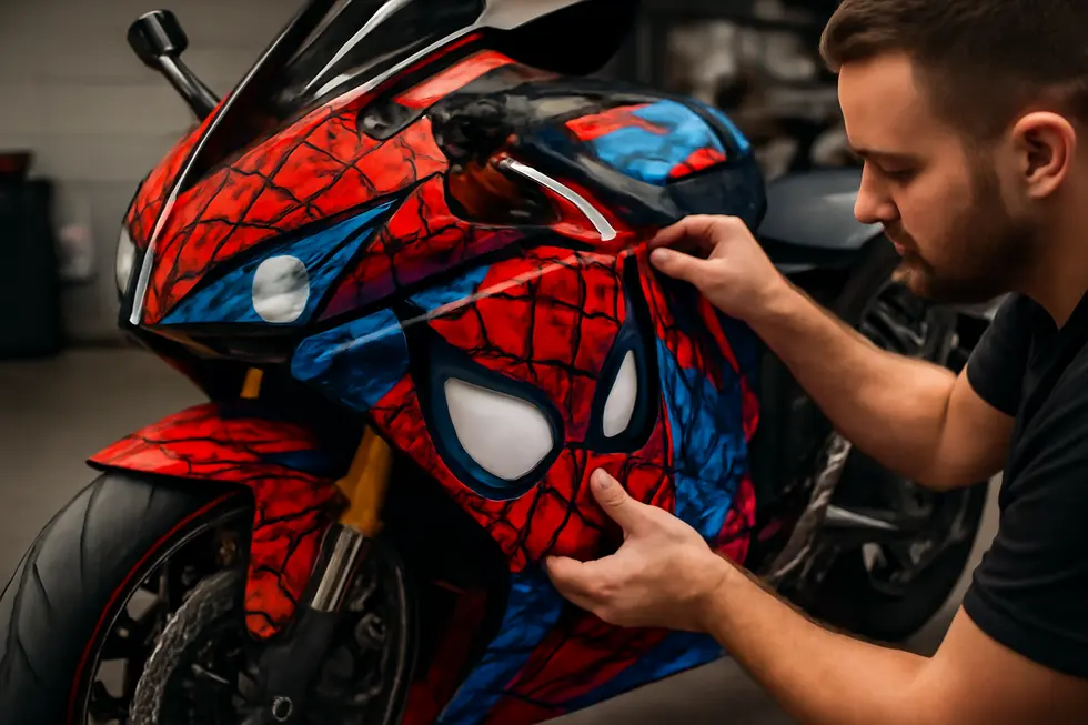 Detailed breakdown of vinyl wrap materials and pricing components for motorcycle fairing wraps.
