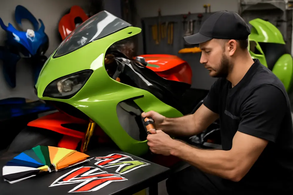 Injection molding of high-grade ABS motorcycle fairing panels ensures durability and precise fitment.