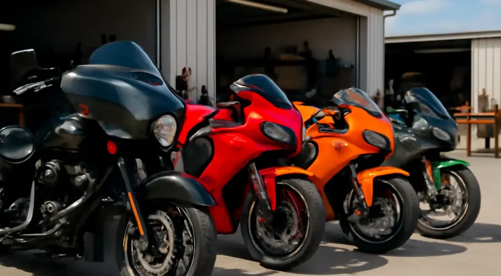 A lineup of motorcycles equipped with custom fairing kits of various designs and materials, illustrating the diversity of the aftermarket fairing industry.