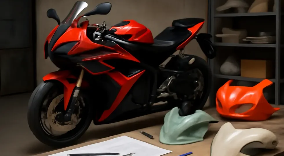 Custom painted motorcycle fairings displayed in a workshop, representing the complete production process from design to finishing.