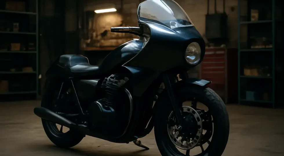 A custom motorcycle featuring a precisely fabricated fairing in an industrial workshop setting, symbolizing innovation and craftsmanship in fairing fabrication.