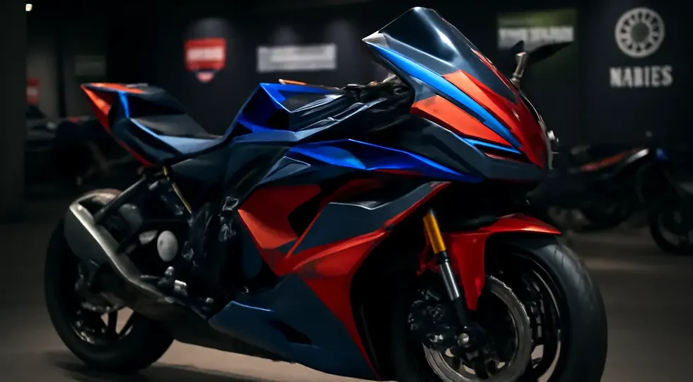 A premium motorcycle equipped with custom fairings showcasing vibrant paintwork and aerodynamic design in a showroom setting.