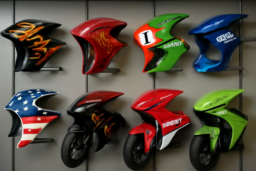 A motorcycle enthusiast applying DIY spray paint and designs on fairings using accessible tools and materials.