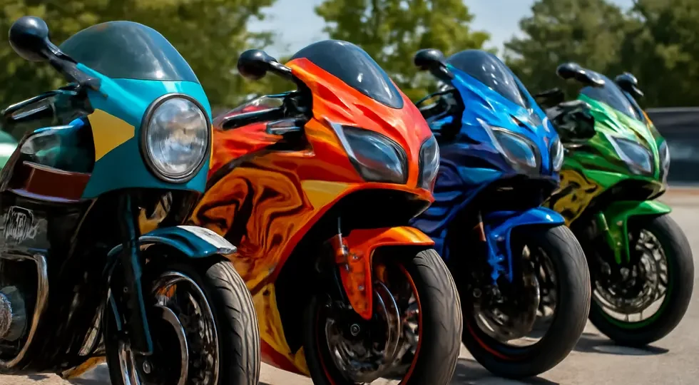 A lineup of motorcycles showcasing vibrant custom painted fairings, illustrating style and craftsmanship in the aftermarket.
