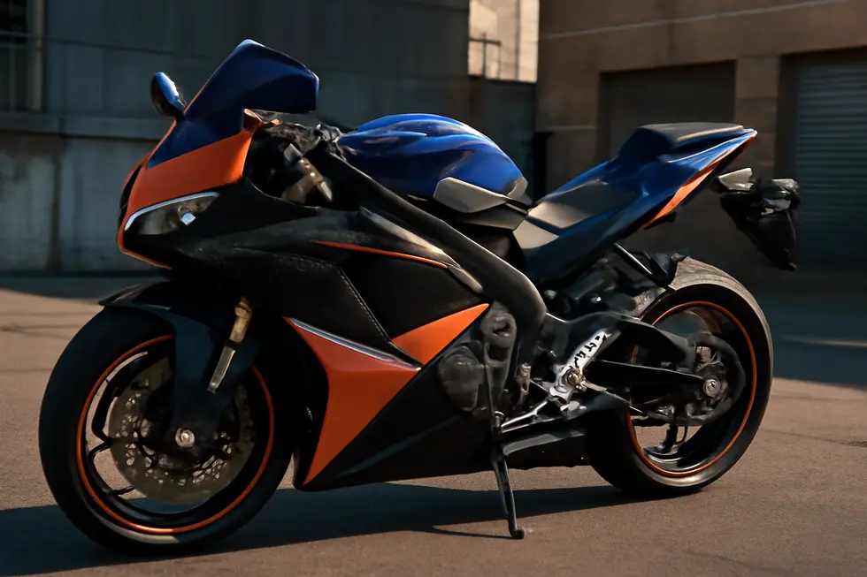 Detailed view of motorcycle fairing components displaying material variety and precision design features.