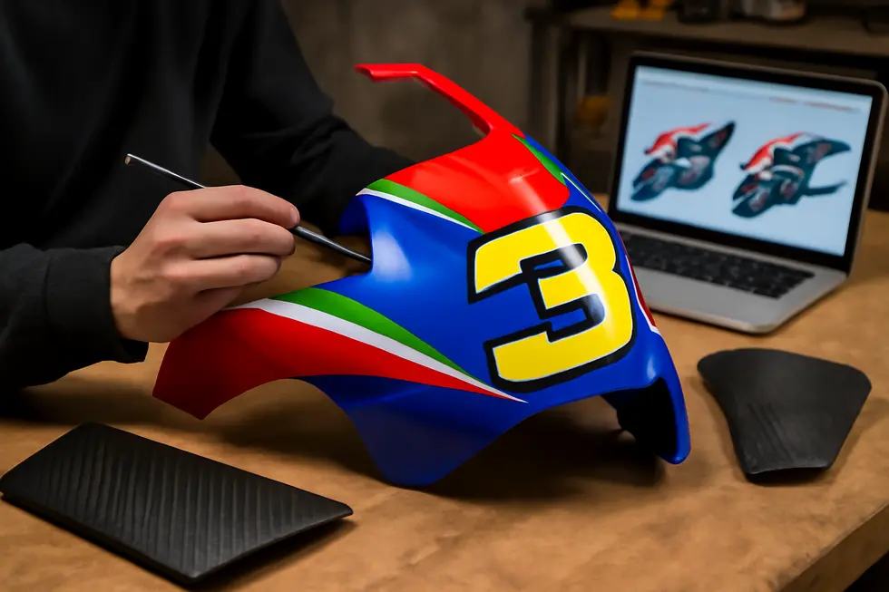 A vivid display of motorcycle fairing options showcasing variety in brands, full kits, and individual panels available for business buyers.