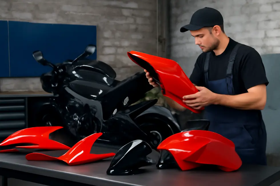 Mechanic fitting an individual rear tail fairing illustrating customization and easy replacement benefits.