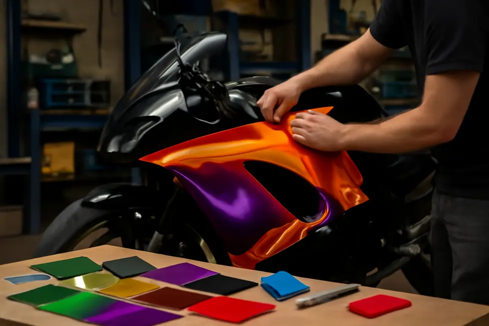 Comparing motorcycle fairings made from carbon fiber, fiberglass, and OEM-style plastics, illustrating their distinct price ranges.