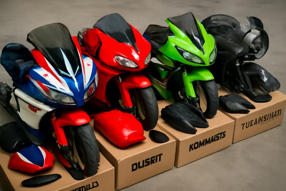 Injection-molded ABS plastic fairings with aerodynamic designs and OEM-level fitment showcased in a workshop.