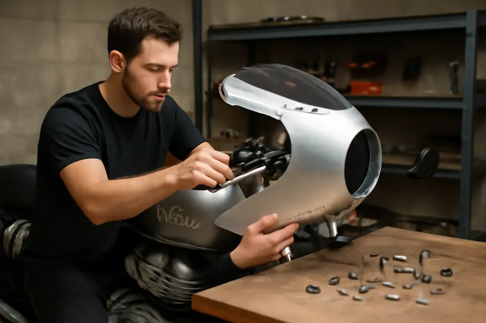 A detailed close-up of the materials and structural components forming a precision aluminum motorcycle fairing.