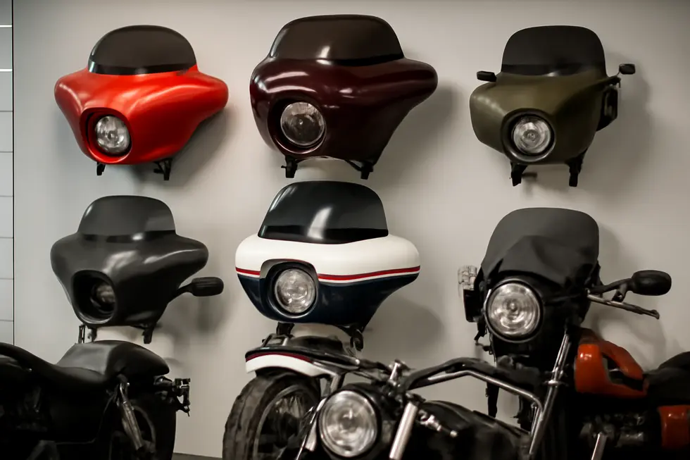 Prototype fairing parts with design sketches and raw materials showcasing essential stages of custom fairing fabrication.