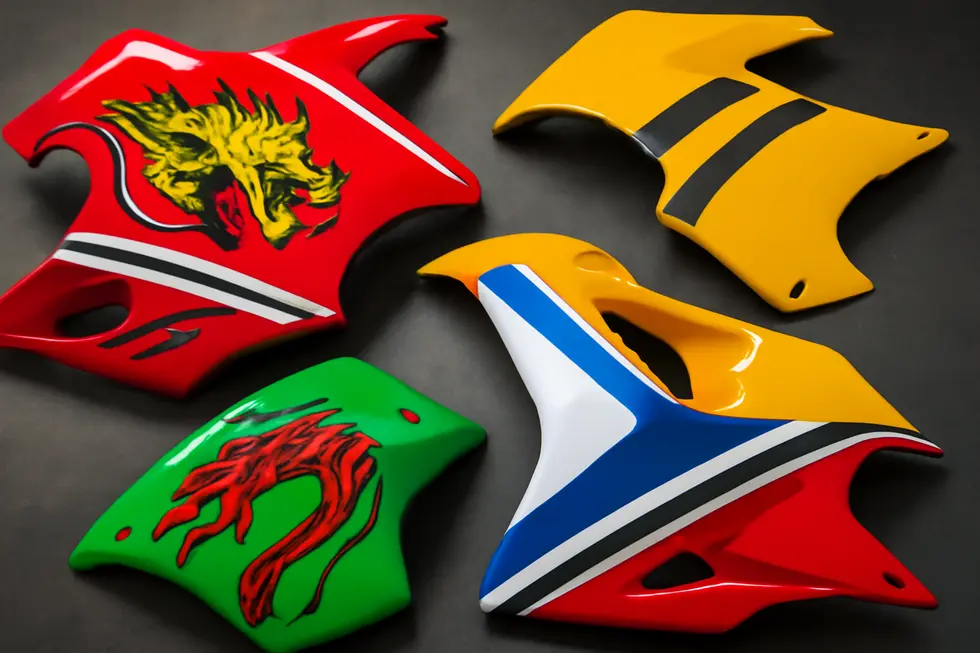 Injection-molded ABS plastic Ducati fairing with UV-protected multi-layer paint finish.