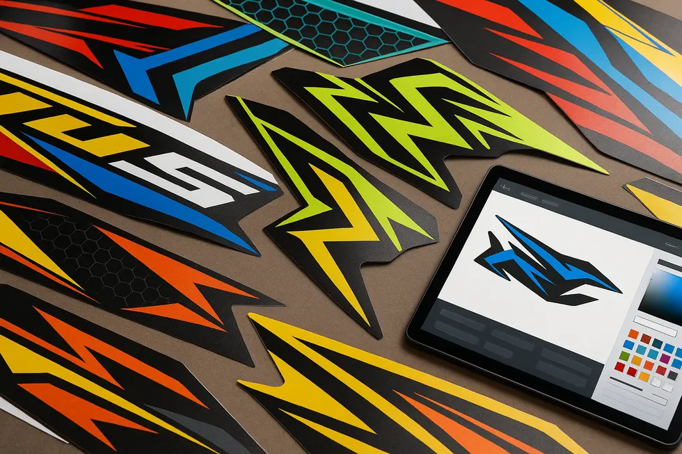High-quality vinyl decals featuring faux carbon fiber textures on motorcycle fairings highlight material strength and durability.