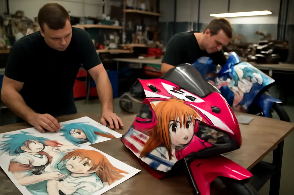 Close-up of an ABS plastic anime motorcycle fairing showcasing advanced decal application and durable glossy finish.