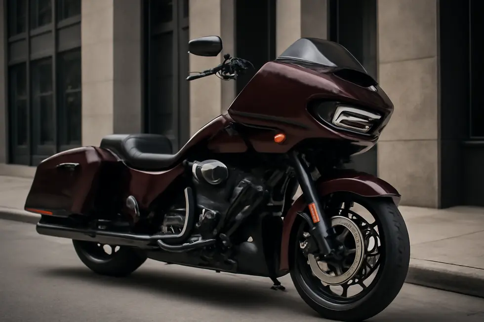 The Harley-Davidson Road Glide showcasing its pioneering sharknose fixed fairing design against a natural landscape.