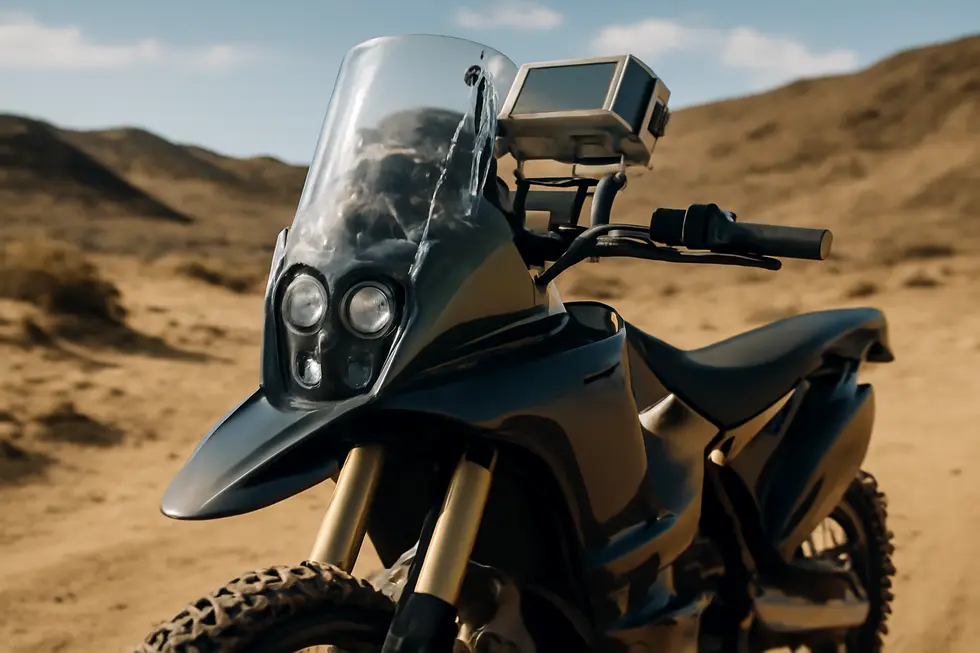 A rally motorcycle featuring a Dakar motorcycle fairing designed for protection, aerodynamics, and navigation mounting.