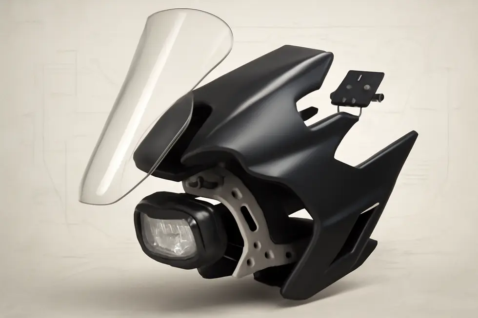 A rally motorcycle featuring a Dakar motorcycle fairing designed for protection, aerodynamics, and navigation mounting.