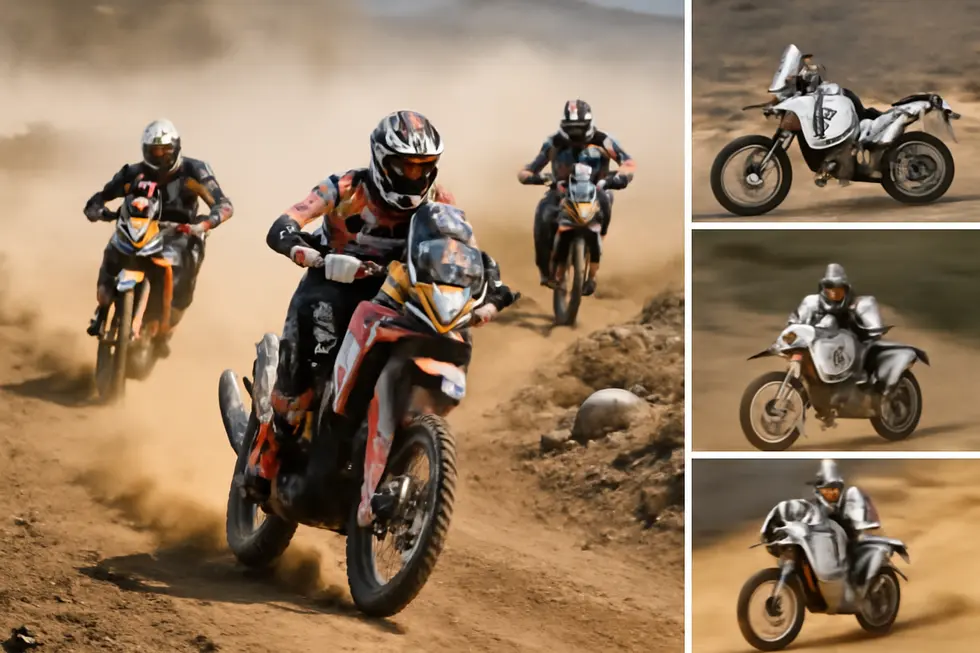 A rally motorcycle featuring a Dakar motorcycle fairing designed for protection, aerodynamics, and navigation mounting.