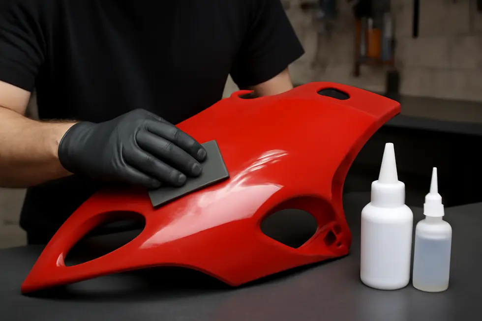 Technician cleaning a motorcycle fairing meticulously, preparing the surface for scratch repair.