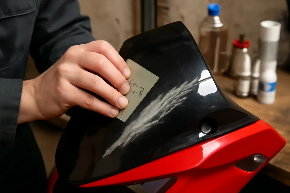 Initial cleaning and scratch depth assessment on a motorcycle fairing in a professional workshop.
