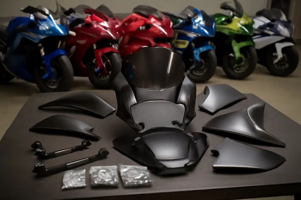 Universal motorcycle fairing kits demonstrating various adjustable components designed for multi-brand compatibility.