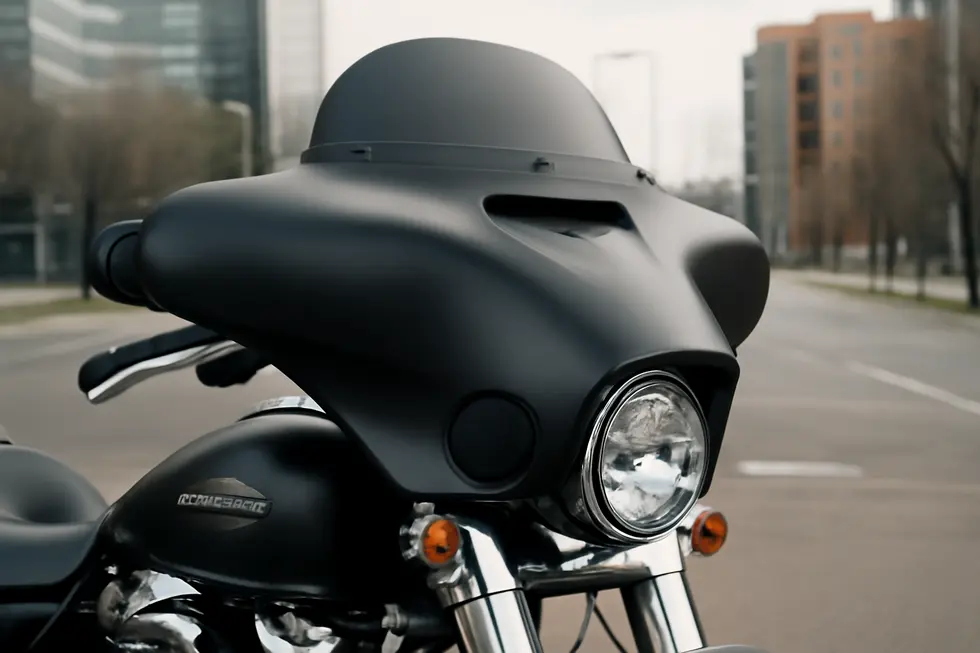 The sleek and functional design of a Reckless Dark Night Batwing fairing fitted on a Harley Road King.
