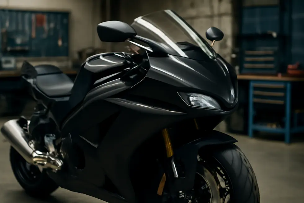 A photo illustrating the aerodynamic design features of a motorcycle fairing in a detailed workshop environment.