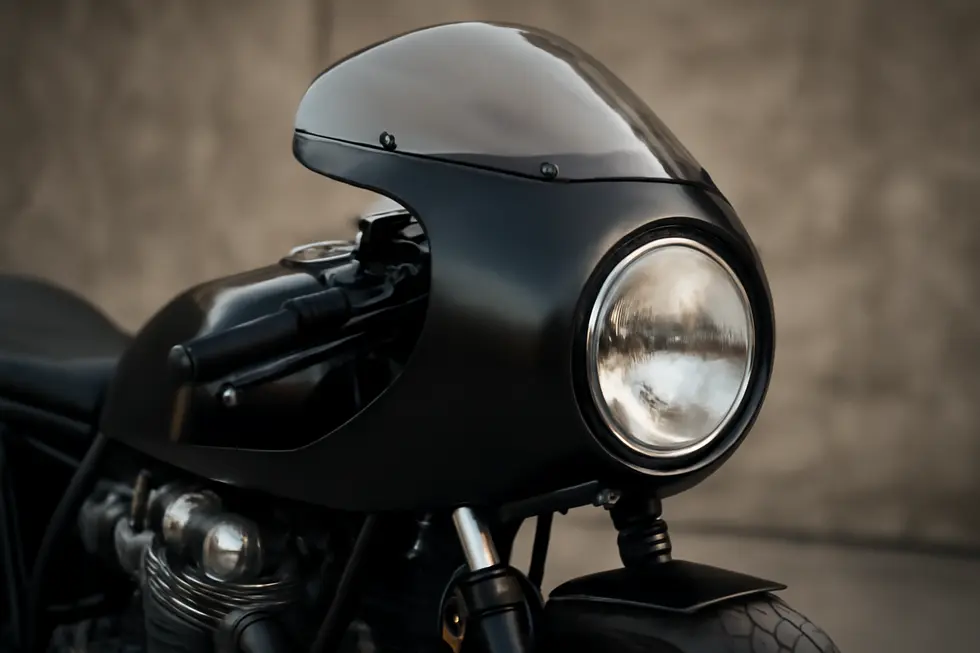 Detailed view of a black ABS plastic vintage fairing showcasing classic bullet shape and dark smoke windshield.