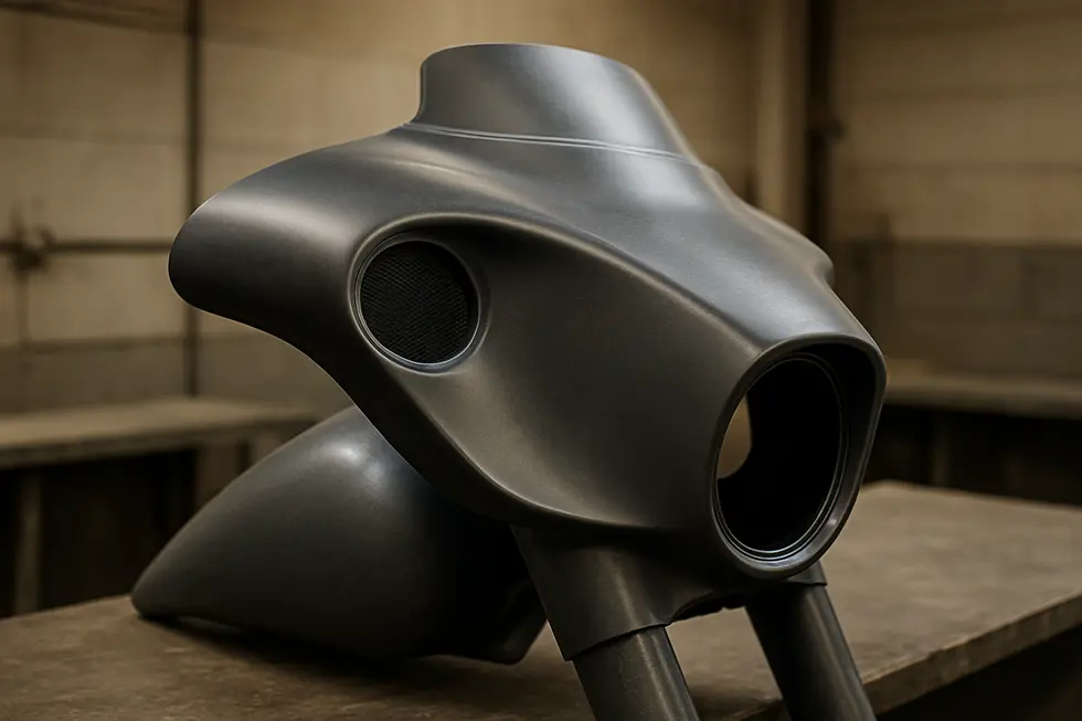 Detailed close-up showcasing the fiberglass construction and design precision of a Vector motorcycle fairing with built-in speaker cutouts.
